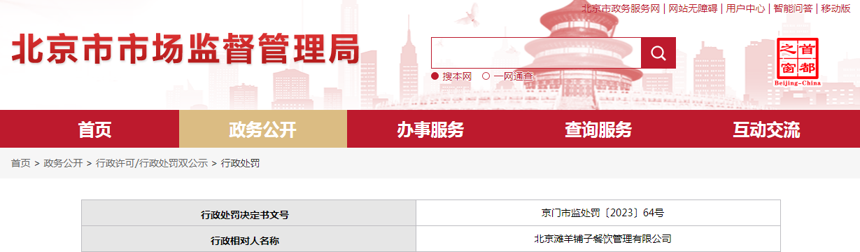 關於北京灘羊鋪子餐飲管理有限公司的行政處罰決定書02京門市監處罰