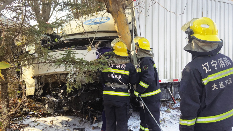 紧急 厢货一头撞上大树