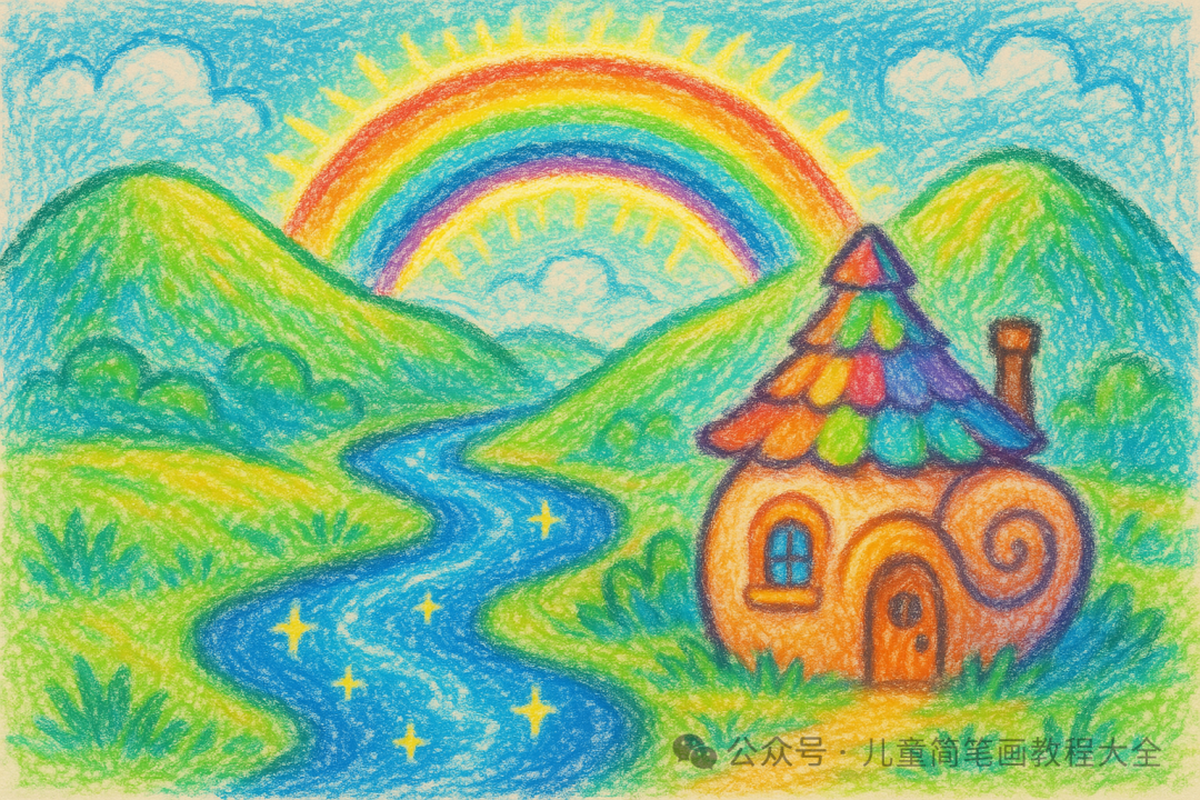 孩子入门小风景画推荐:小河,彩虹,笑脸太阳
