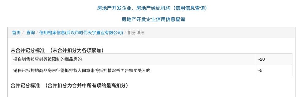 武汉市时代天宇置业涉两项违规售房被扣信用分 公司另涉多笔欠税
