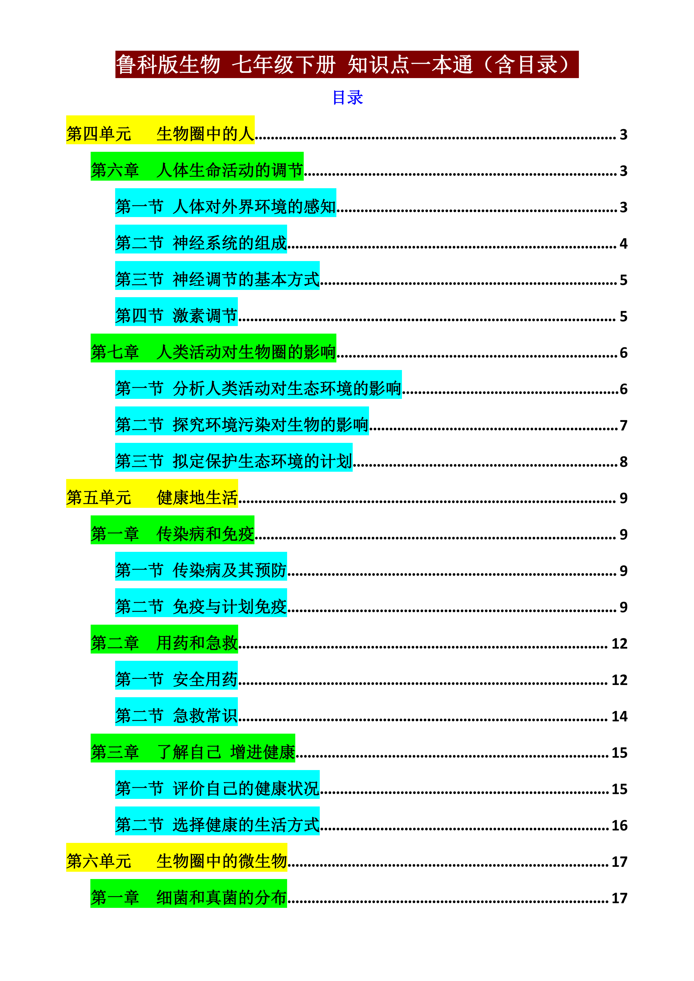 鲁科版生物七年级下册知识点一本通(含目录)