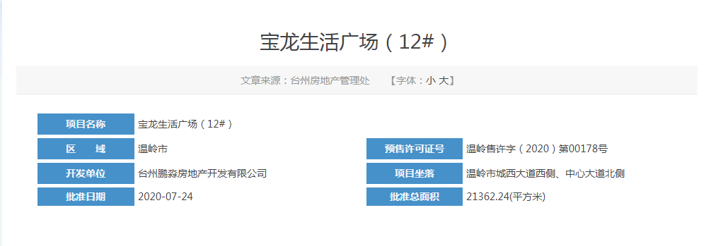 温岭中骏宝龙广场已取得最新预售证