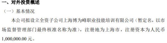 博为峰拟投资100万设立全资子公司上海博为峰职业技能培训有限公司