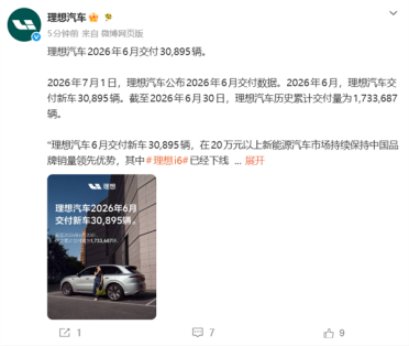 理想汽车6月交付30,895辆！i6已蝉联四个月中大型SUV销冠