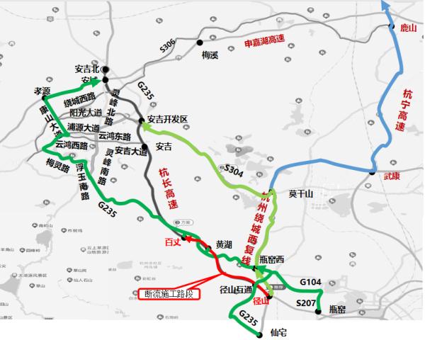 ②s14杭長高速長向>徑山樞紐>s43杭州繞城西複線>瓶窯西互通>g235國道