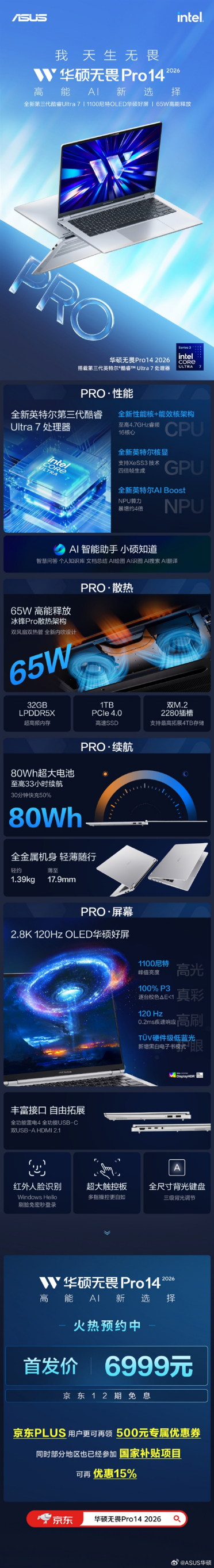 华硕无畏Pro 14 2026开启预约：第三代Ultra 7 +1100尼特OLED屏