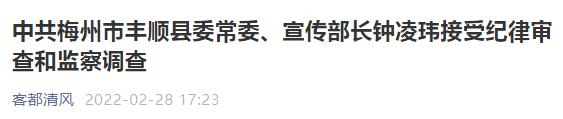 丰顺县委常委,宣传部长钟凌玮接受纪律审查和监察调查