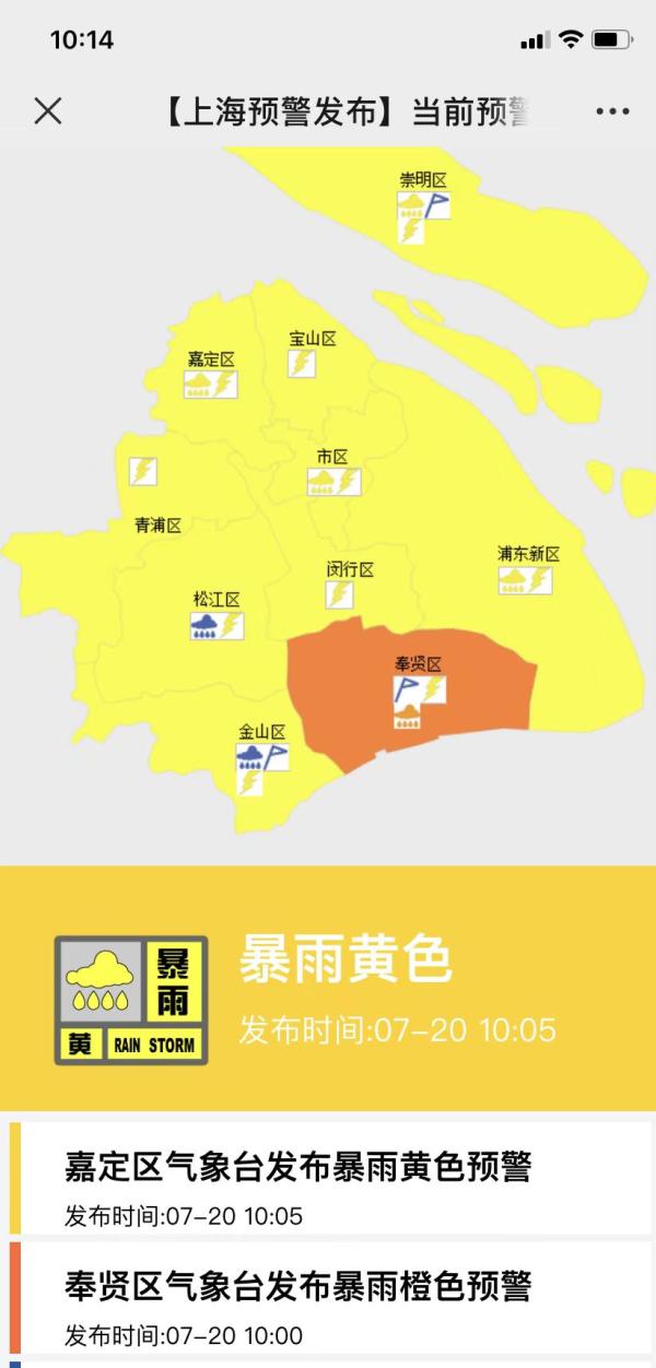 上海奉贤升级暴雨黄警为橙警:将出现小时雨强80毫米的短时强降水