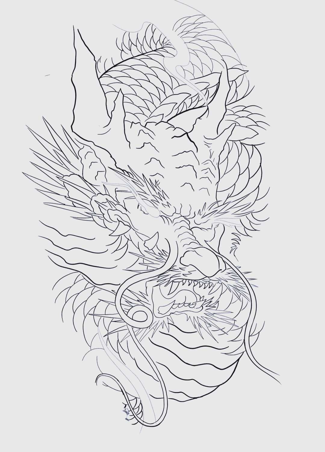 中国龙 满背线条文身手稿精选