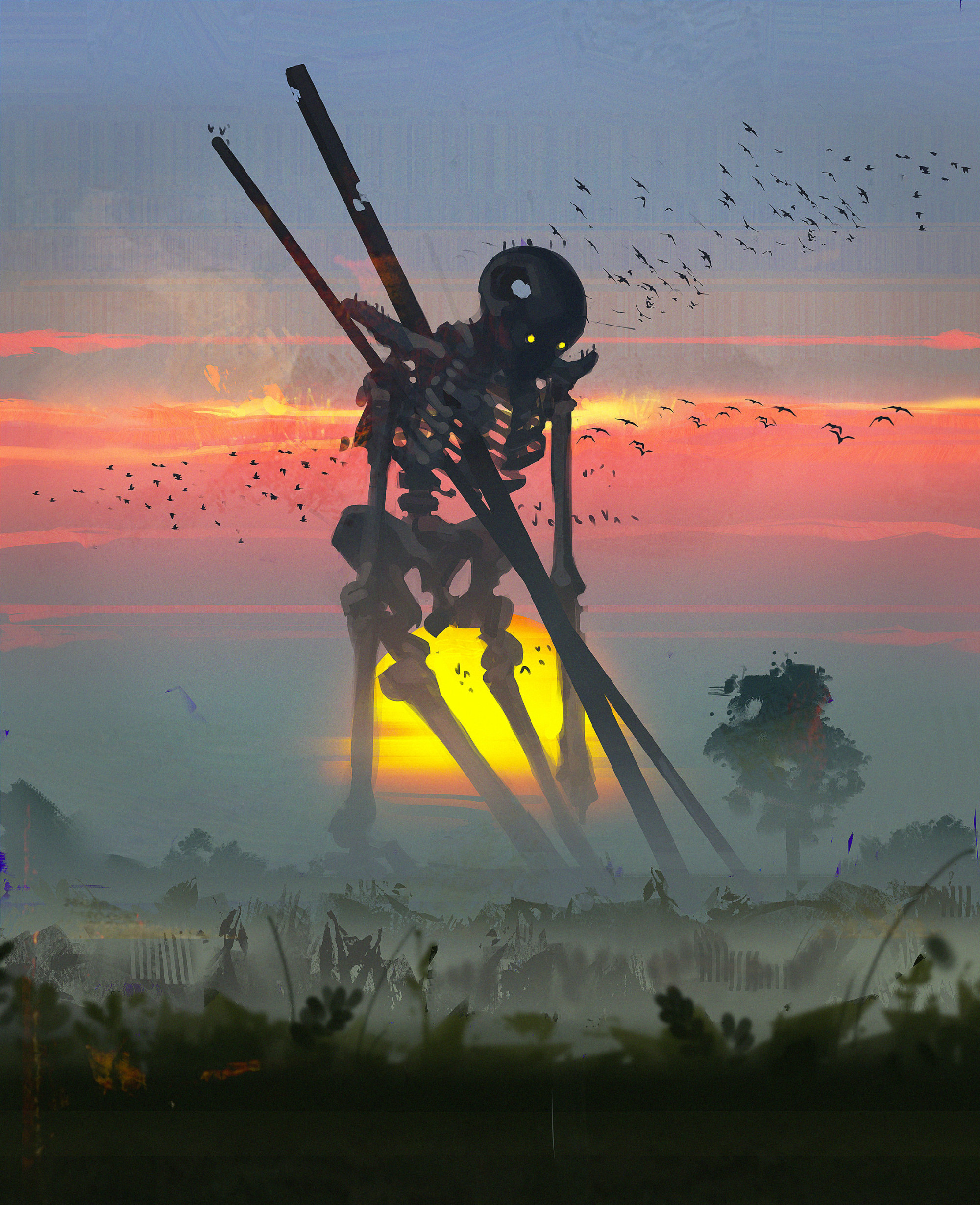 充满宿命感的迷幻概念插画,巨型骷髅像孤勇的英雄屹立不倒