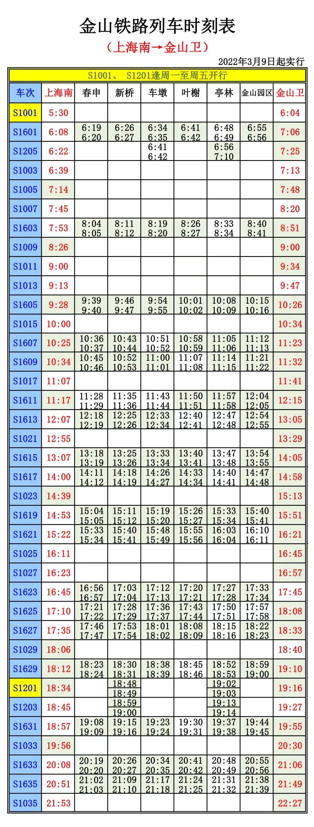 金山铁路时刻表图片