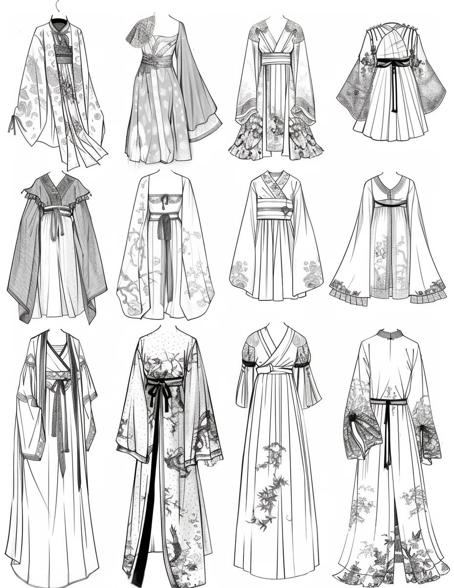 众多精致国风汉服款式图线稿,领略传统服饰魅力!