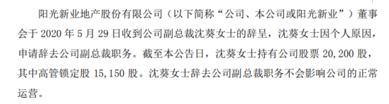 阳光股份副总裁沈葵辞职 2019年薪酬为160万元