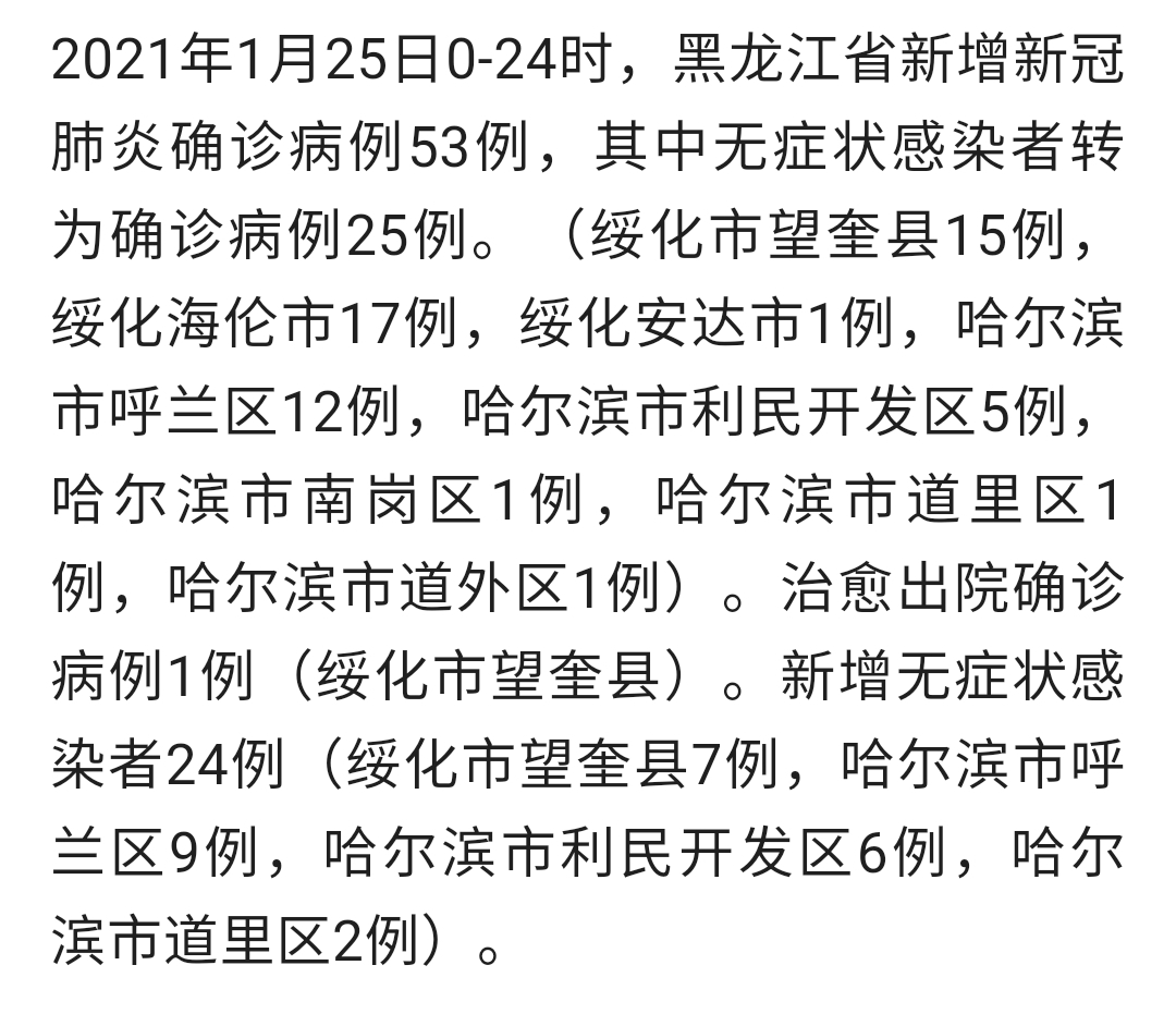 疫情最新消息:黑龙江新增53例确诊,24例无症状感染者