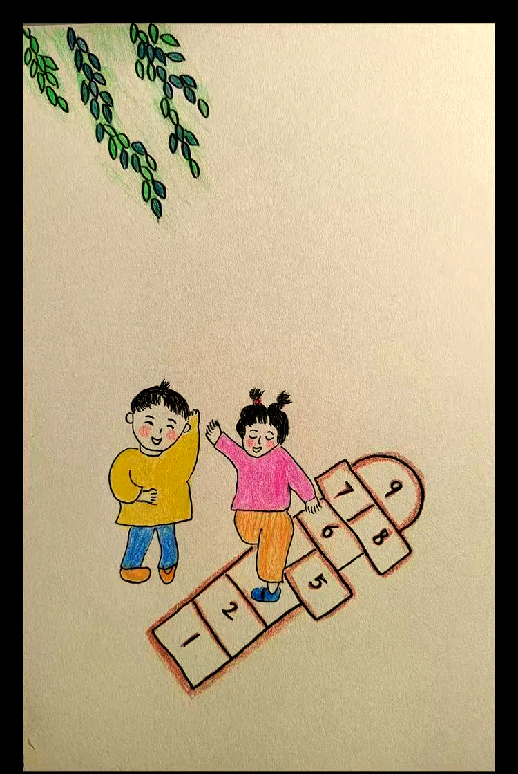 彩铅画中的跳房子,勾起童年的回忆