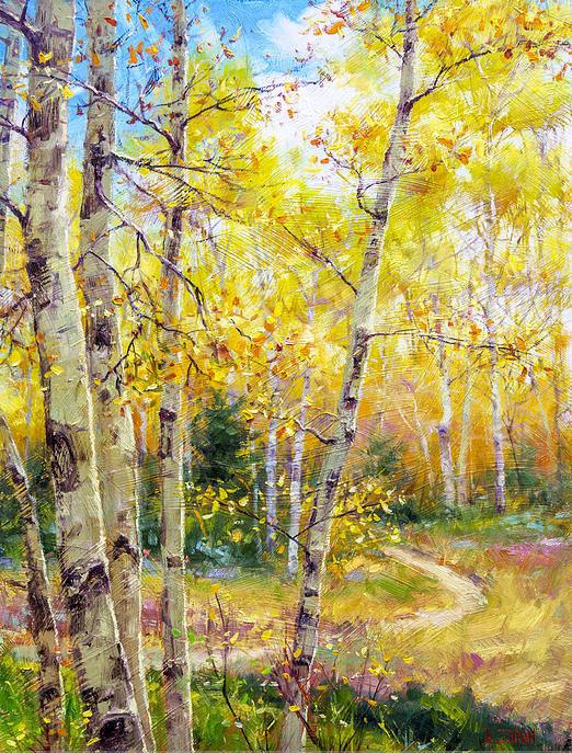 那一片片宁静优雅的白桦林—色彩极其鲜艳靓丽的油画