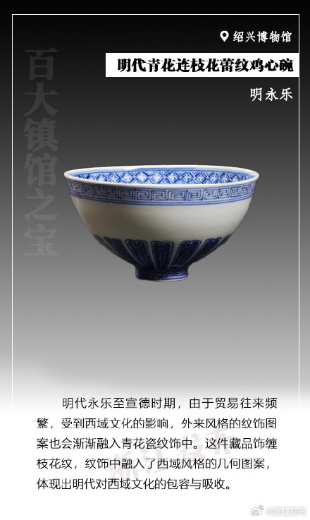 浙江"镇馆之宝"大赏——明代青花连枝花蕾纹鸡心碗