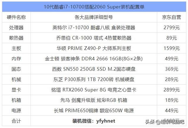 10代酷睿i7-10700搭配2060 super装机配置单