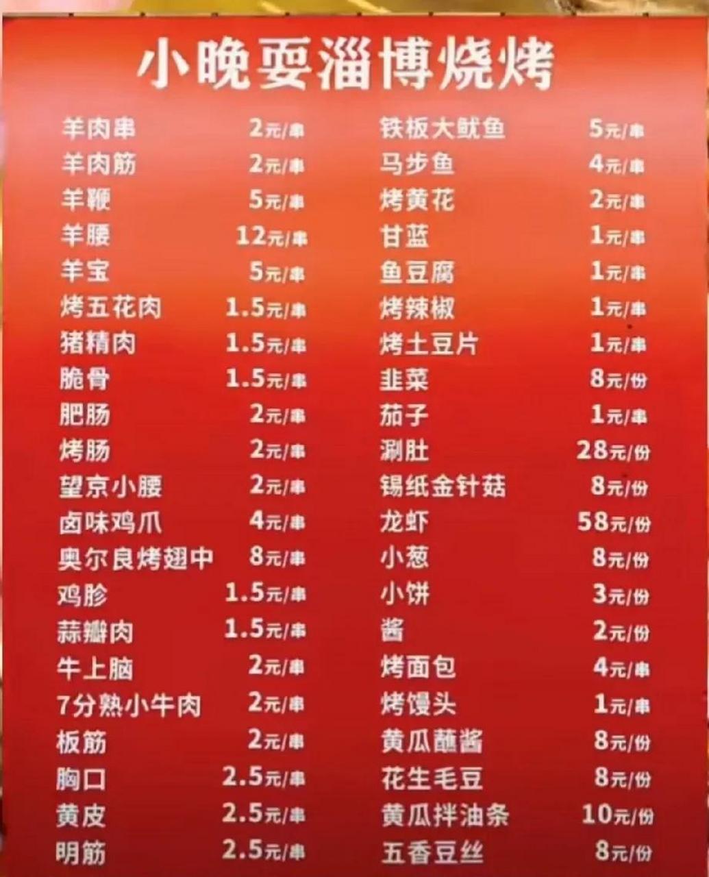 看到各烧烤店价目表后完全被惊呆!