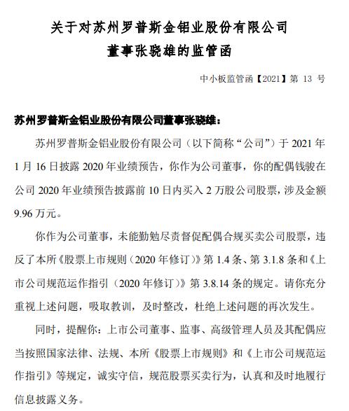 st罗普董事张骁雄被出具监管函:其妻钱骏业绩预告前买入公司股票