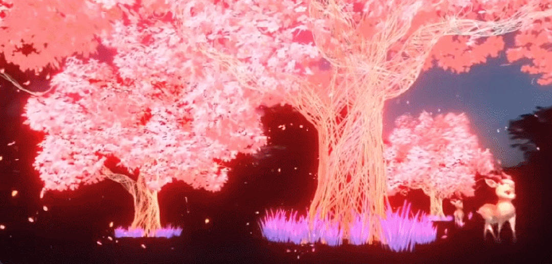 制作出枝繁叶茂的樱花在指尖飘落,灵动小鹿在樱花树从中嬉戏,在樱花