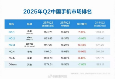 苹果快成Others！Q2中国手机市场排名：小米激活量第一 华为第四