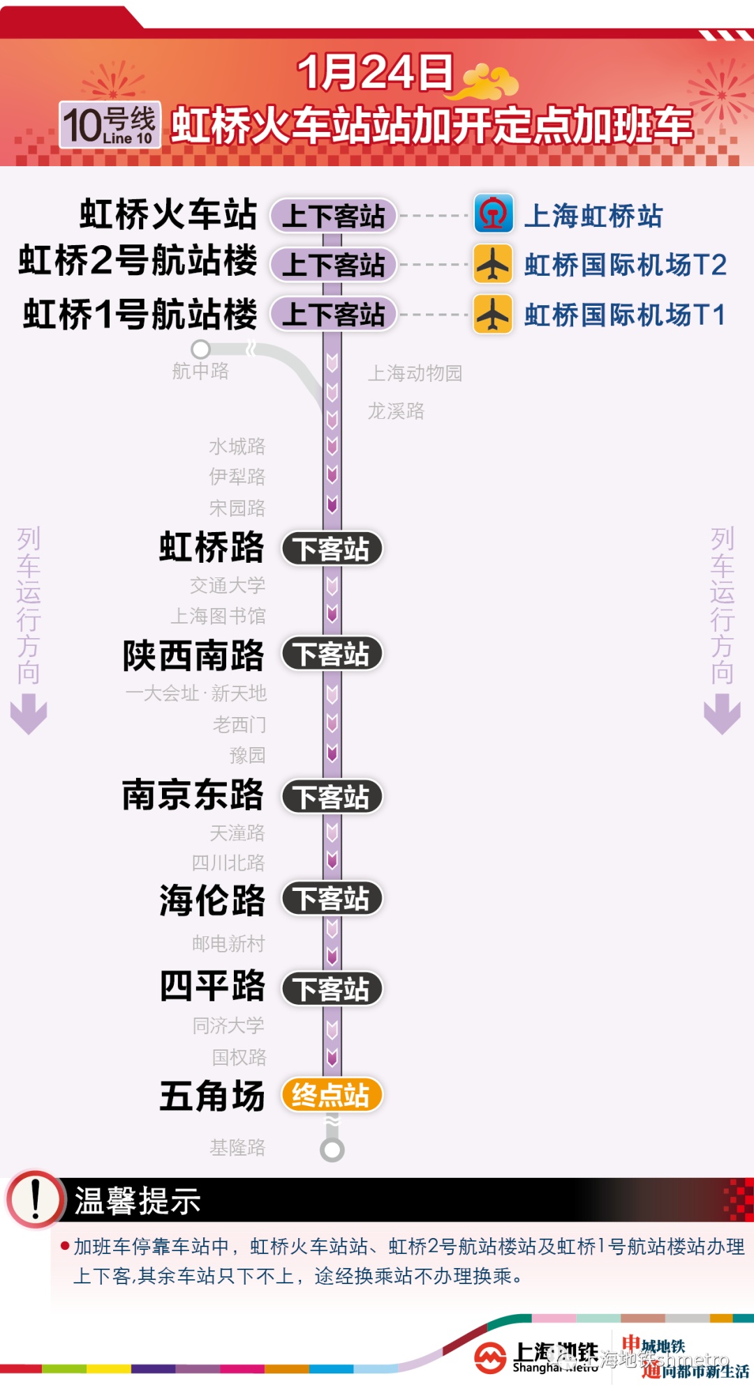 今晚,地铁10号线虹桥火车站末班车后将加开定点加班车