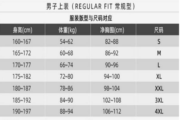 李宁运动服尺码对照表图片