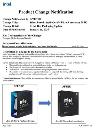 Intel旗舰酷睿Ultra 9 285K包装上新：更小、更轻、更简约