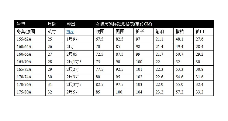 裤子号型规格对照表图片