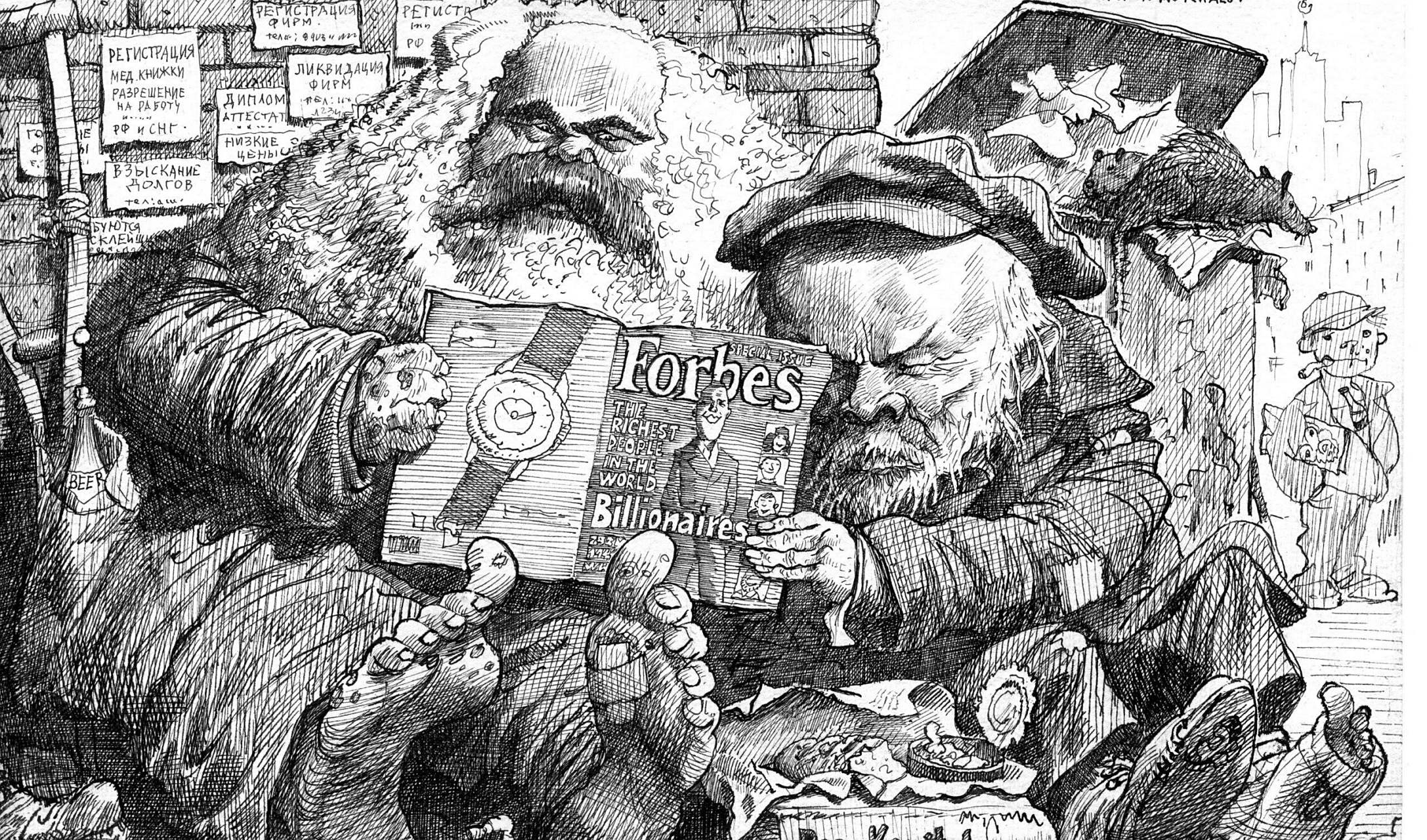 苏联解体后,马克思和列宁的两幅漫画  图1:说的是惊讶,欧美画的  图2