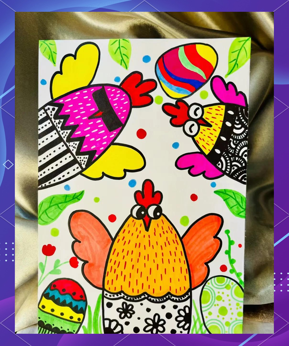 多幅色彩鲜艳,装饰性强的创意美术范画,材料运用综合且绘画技巧高超