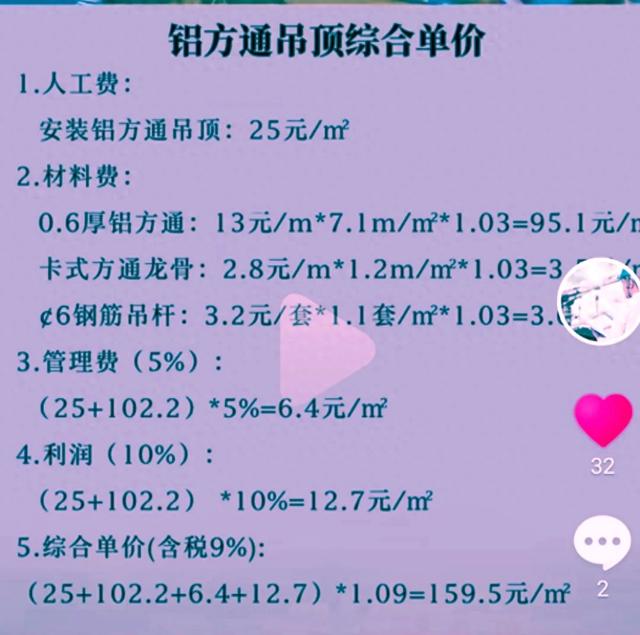 2024年铝方通吊顶综合单价分析