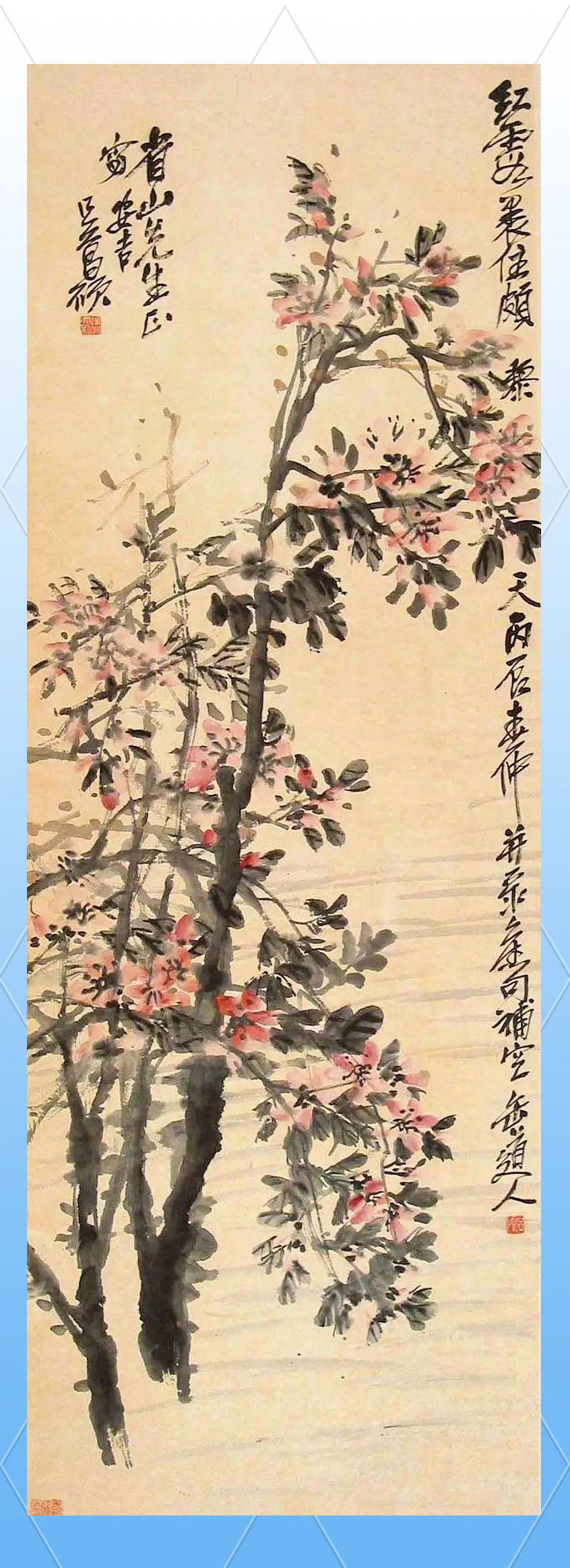 吴昌硕的没骨桃花:娇艳花瓣与厚重枝干的完美交融