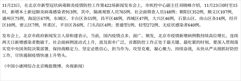 北京11月23日0時至15時新增913例本土感染者新增病例數持續高位增長