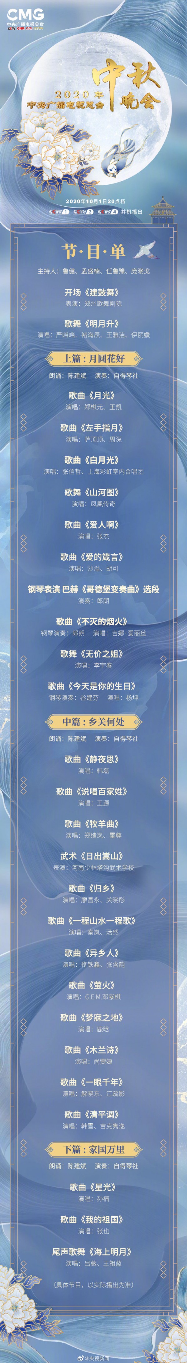 央视中秋晚会完整版节目单公布,今晚8点播出