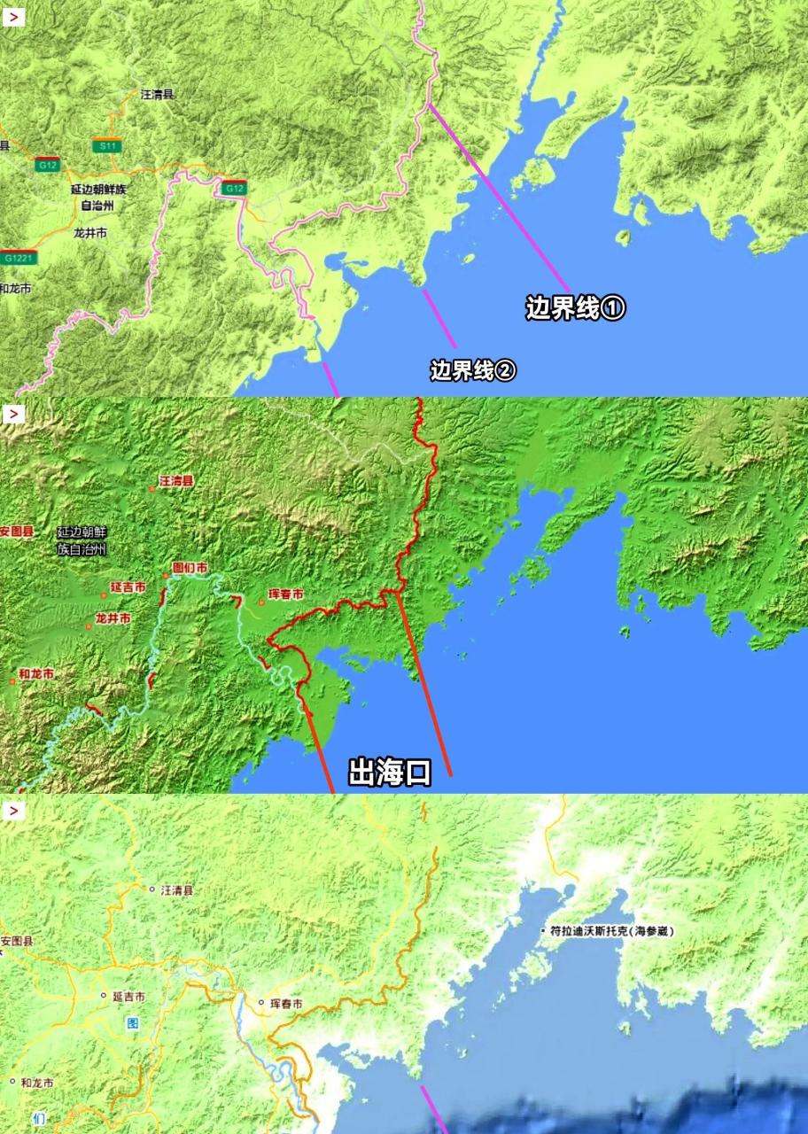 珲春的出海口如图一所示会比较好,这样咱们也能拥有了一个扎鲁比诺港.