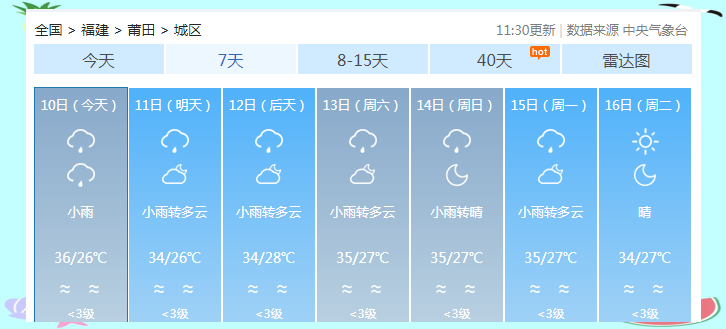 福建莆田天气预报15天预报