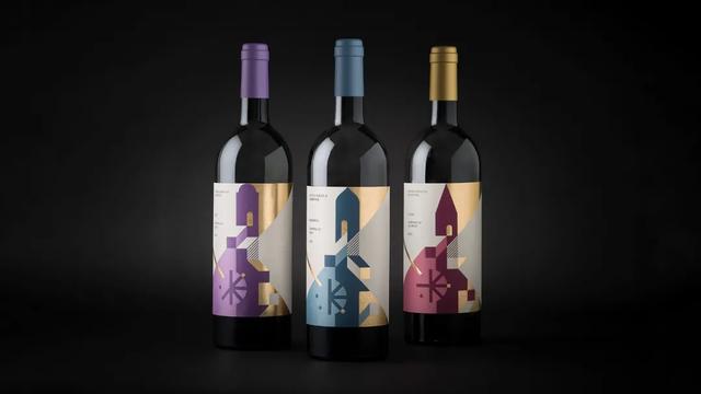 色彩对比,视觉错觉和三维空间进行设计的红酒瓶贴