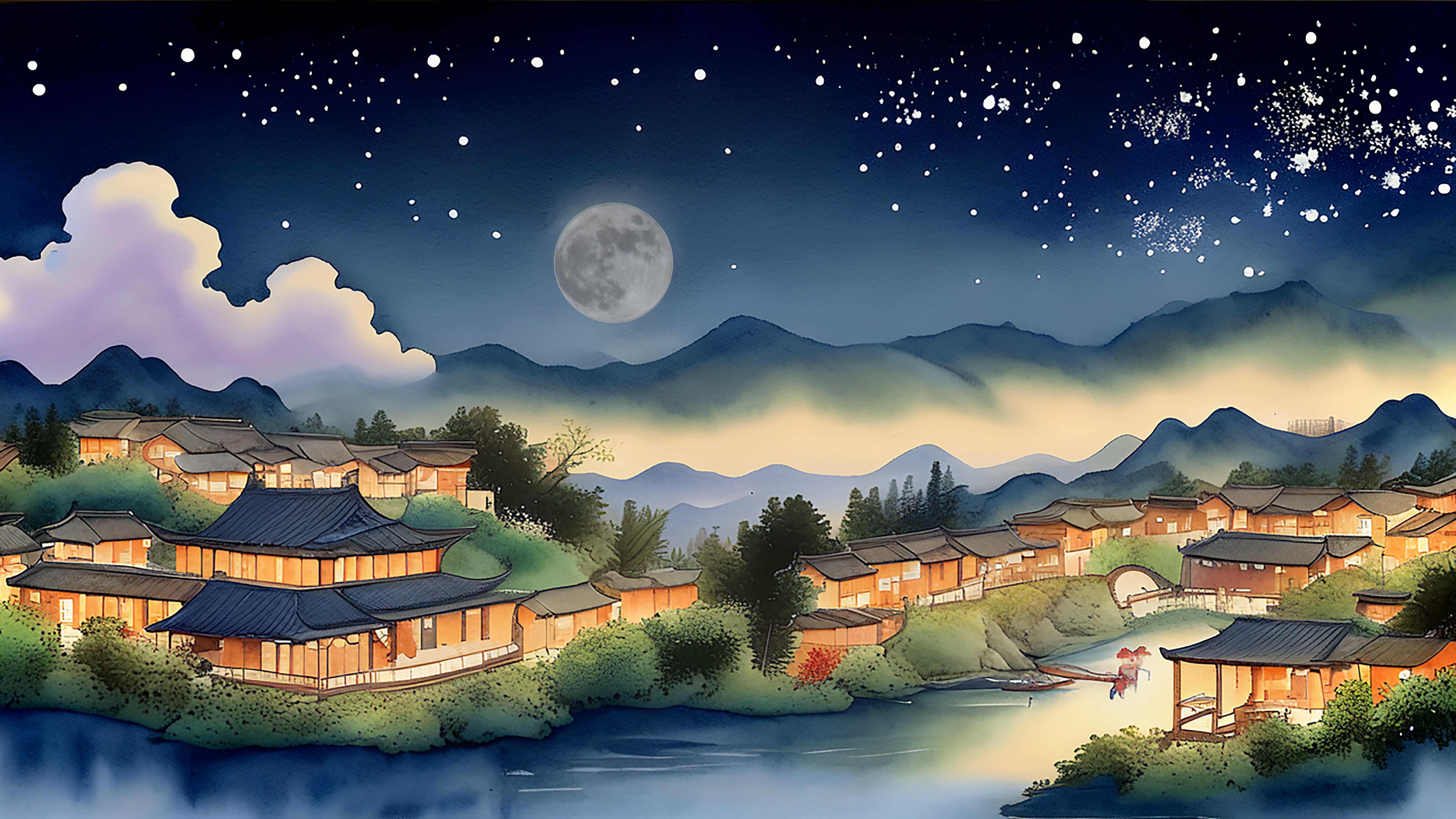 ai村庄夜色绚丽多彩美的醉:此景只应天上有,谁知仙境落凡尘?