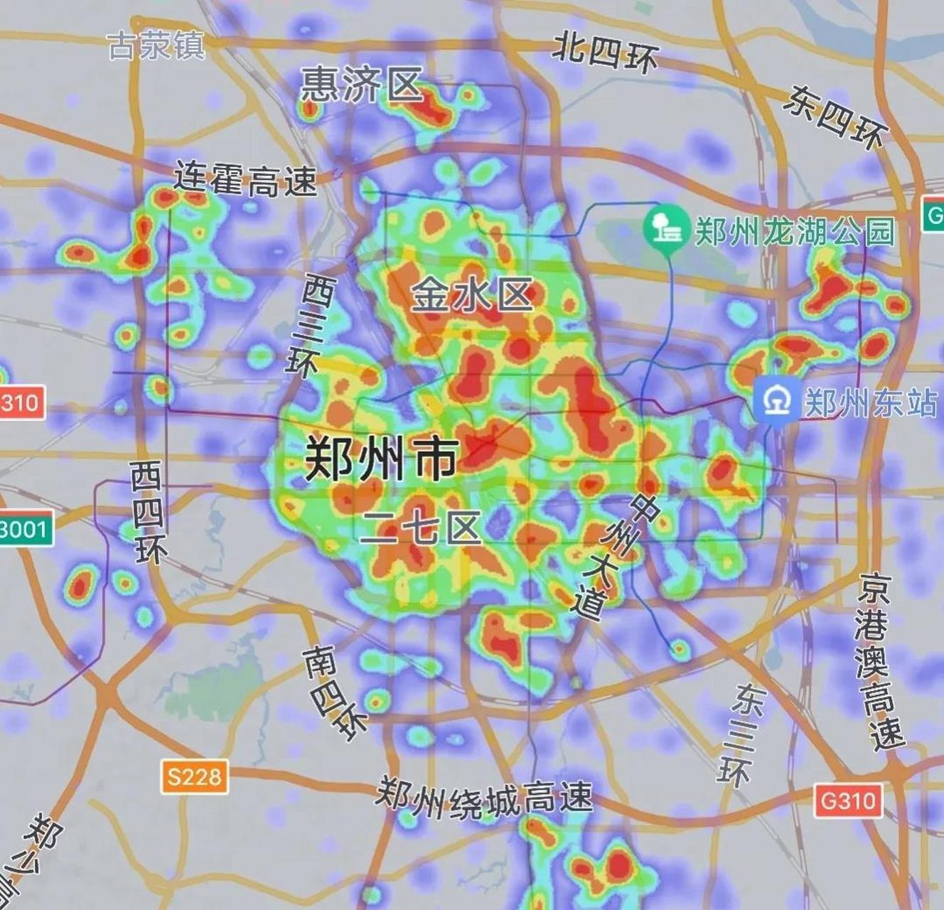 通过午夜0:35分热力图我们发现郑州的高新区和南龙湖竟然比四环还热闹