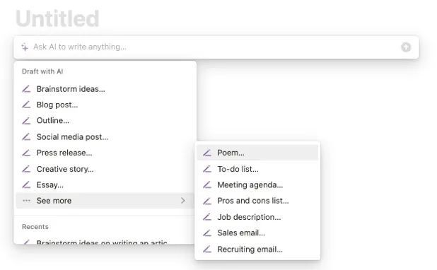 Notion下拉框中的AI功能选项