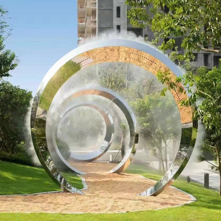 不锈钢镜面圆环雕塑镂空月亮雕塑户外发光喷雾景观摆件 河北韵特
