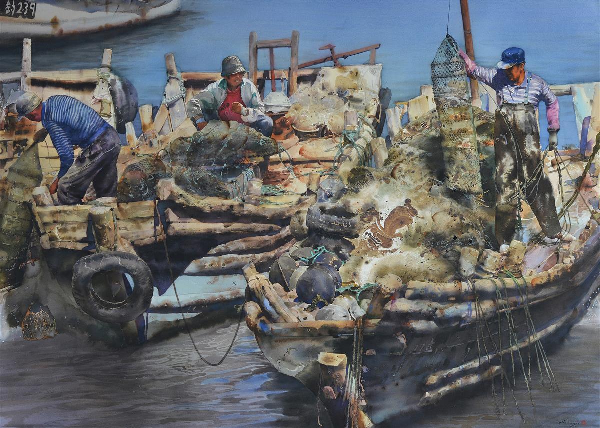 李宁与水情结深厚用水彩描绘渔民的幸福生活