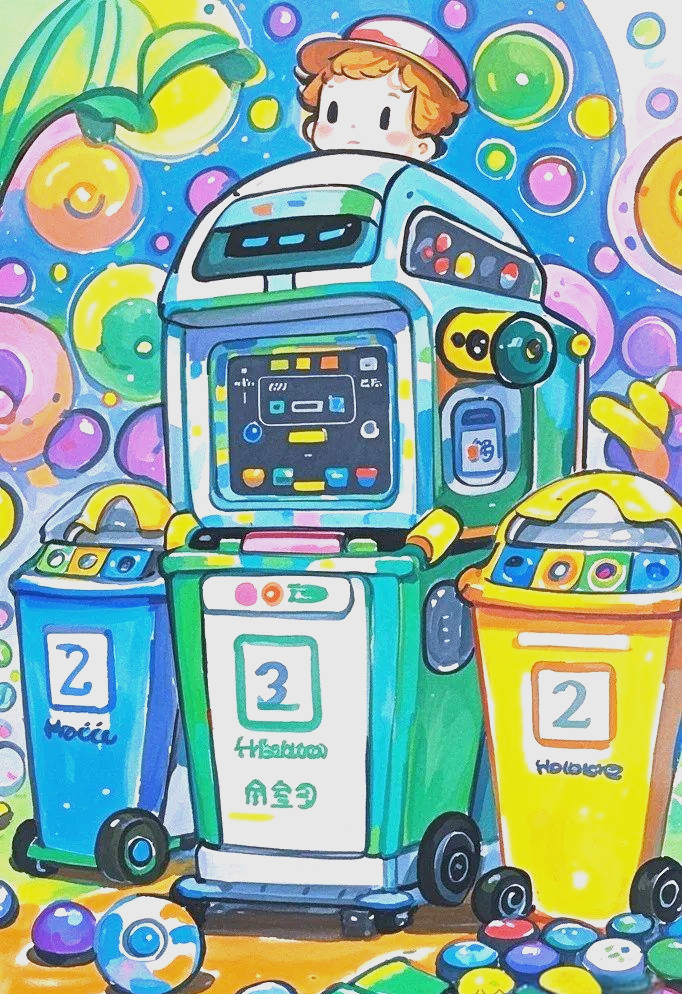 众多未来智能垃圾分类儿童科幻绘画作品,展现智能机器人与环保的完美