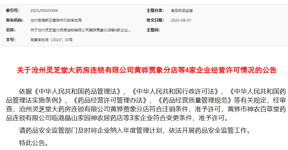 河北滄州靈芝堂大藥房連鎖有限公司黃驊賈象分店被准予註銷