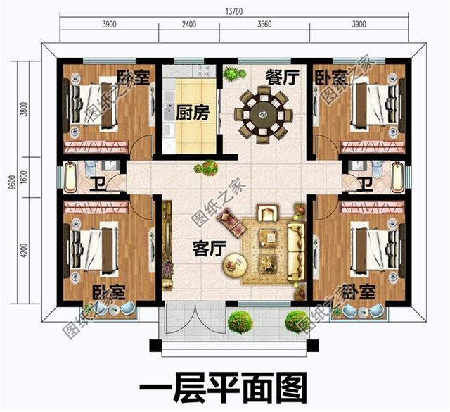 设计功能: 一层户型:客厅,厨房,餐厅,卧室x4,卫生间x2; 别墅图三
