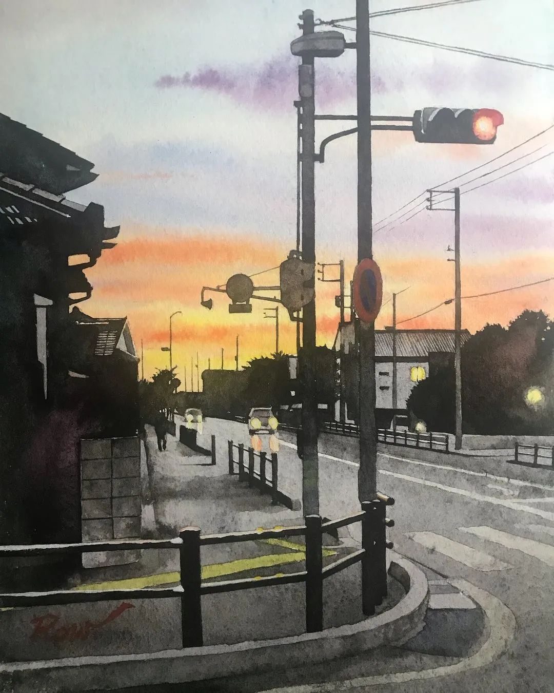 水彩|一抹暖阳 水彩风景 水彩街道 日本画家竹内柔