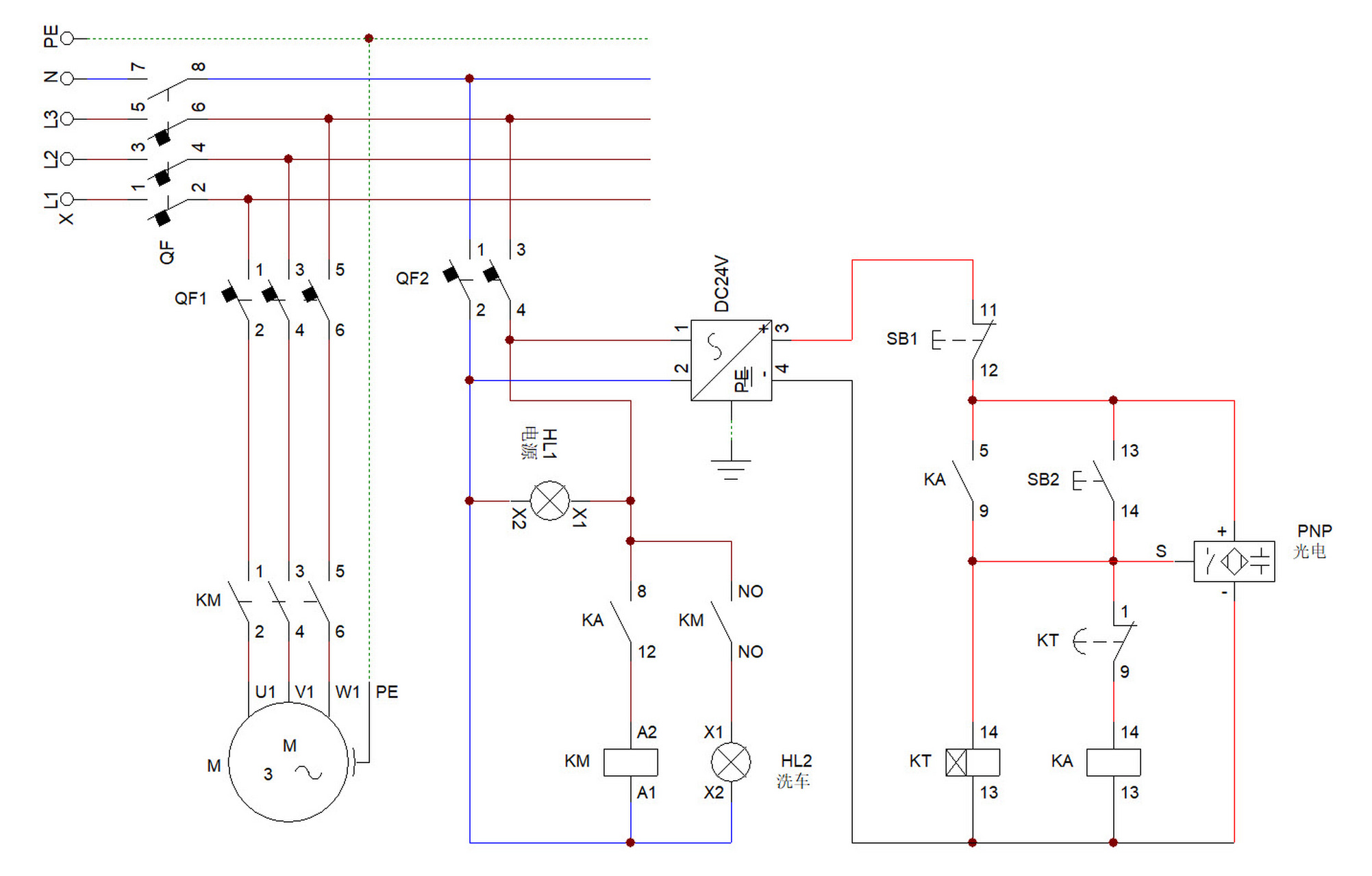 工地洗车机电路可手动和红外线控制,常见于混凝土搅拌站等工业控制