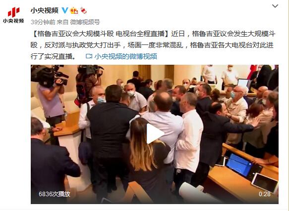 格鲁吉亚议会大规模斗殴 电视台全程直播
